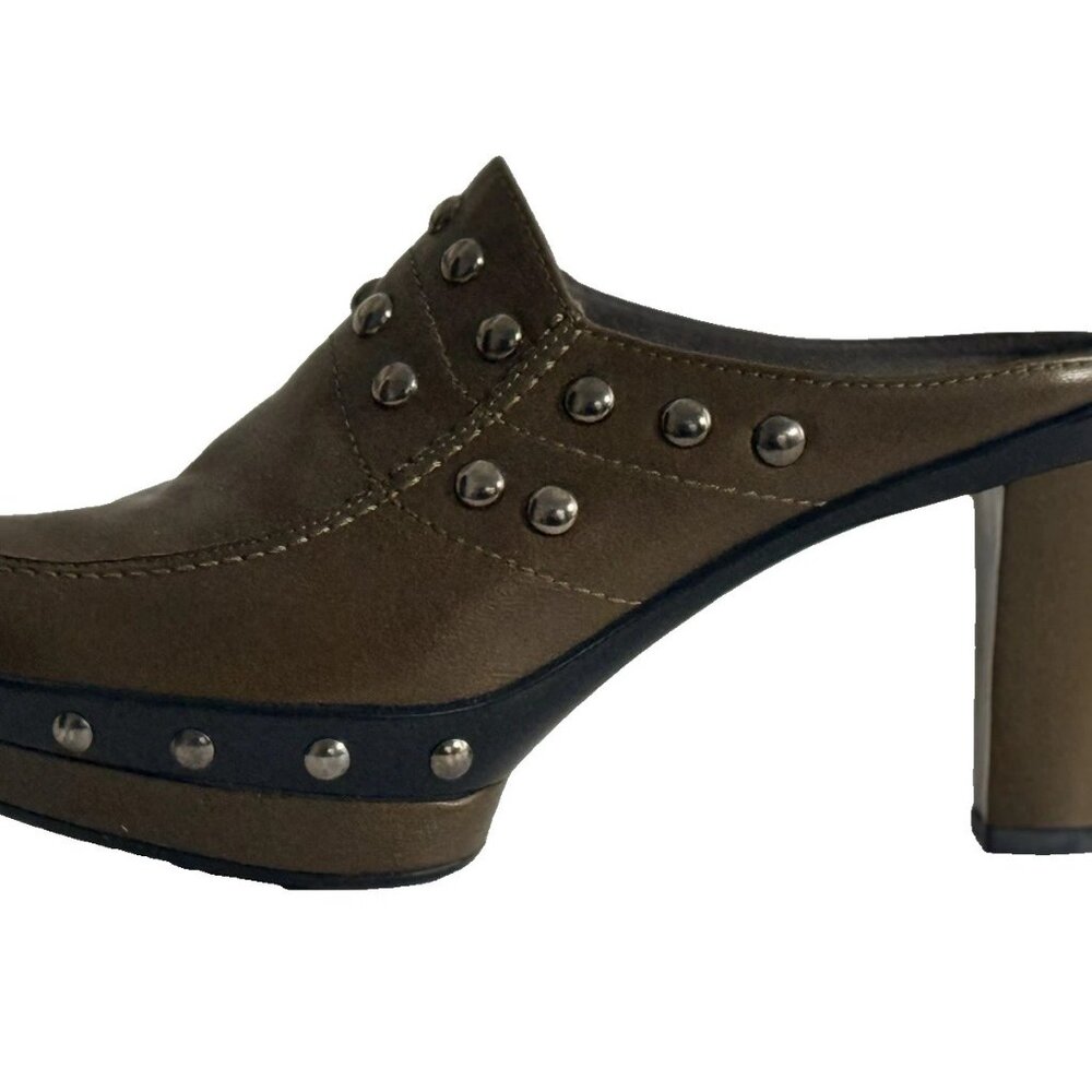 Stuart Weitzman Studded Leather Block Heel Mules – Olive – Size 6